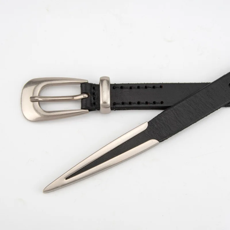 Vintage Leather Ladies Belt Head Layer Cowhide with Casual Jeans Decorative Pointed Tail Belt Girls