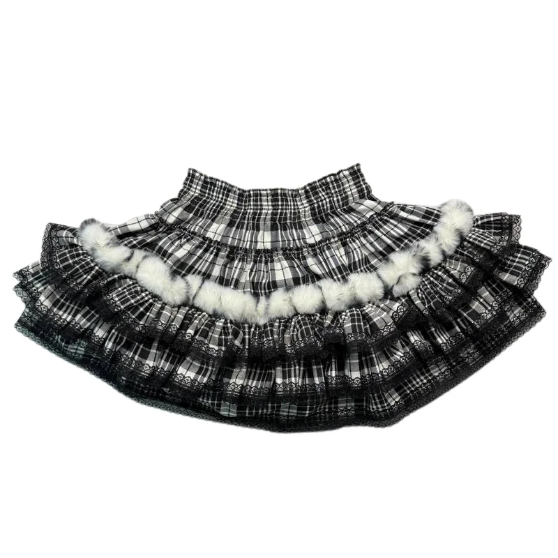 

Ruibbit Gothic Harajuku Hot Girl Sweetcool Soft Girl Punk Japanese Black White Lace Fluffy Cake Skirt Plaid Mini Short Skirts