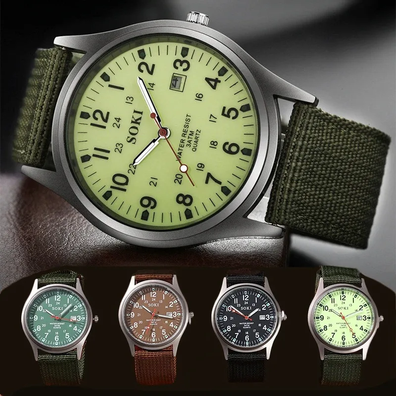 High-grade Men Watch SOKI Brand Canvas Calendar Quartz Watch Nylon Strap Male Sports Military Casual Wristwatch Horloge Clock