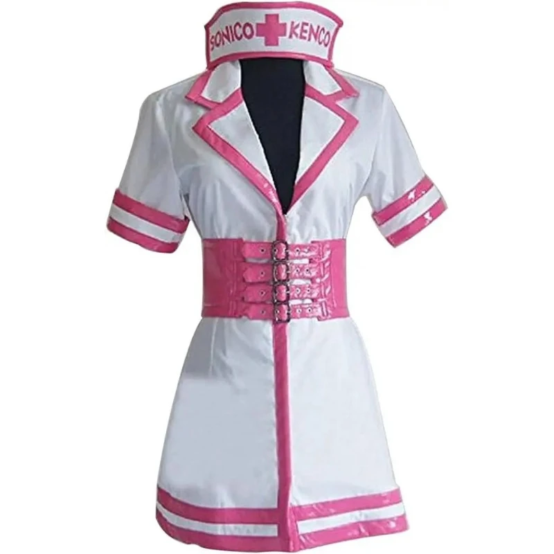 

Fulujiacos Nurse Costume for Women, White and Pink Dress with Corset Belt, Short Sleeve