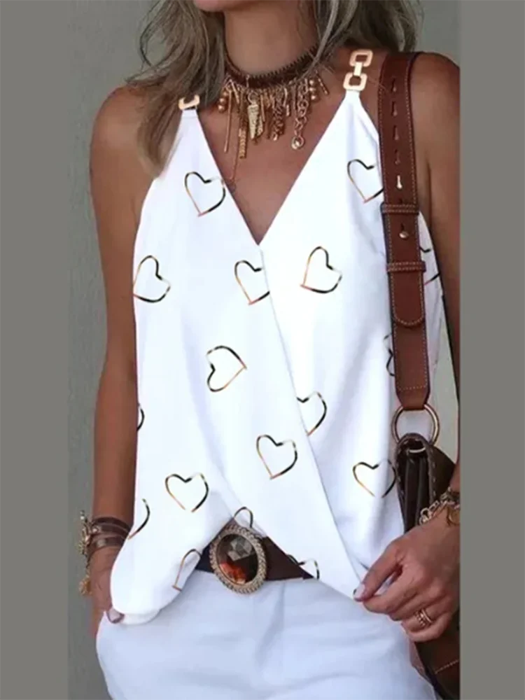 Women\'s Printed Heart Pattern Tank Top Sexy V-Neck Chain Sleeveless T-shirt Summer Trend Casual Top