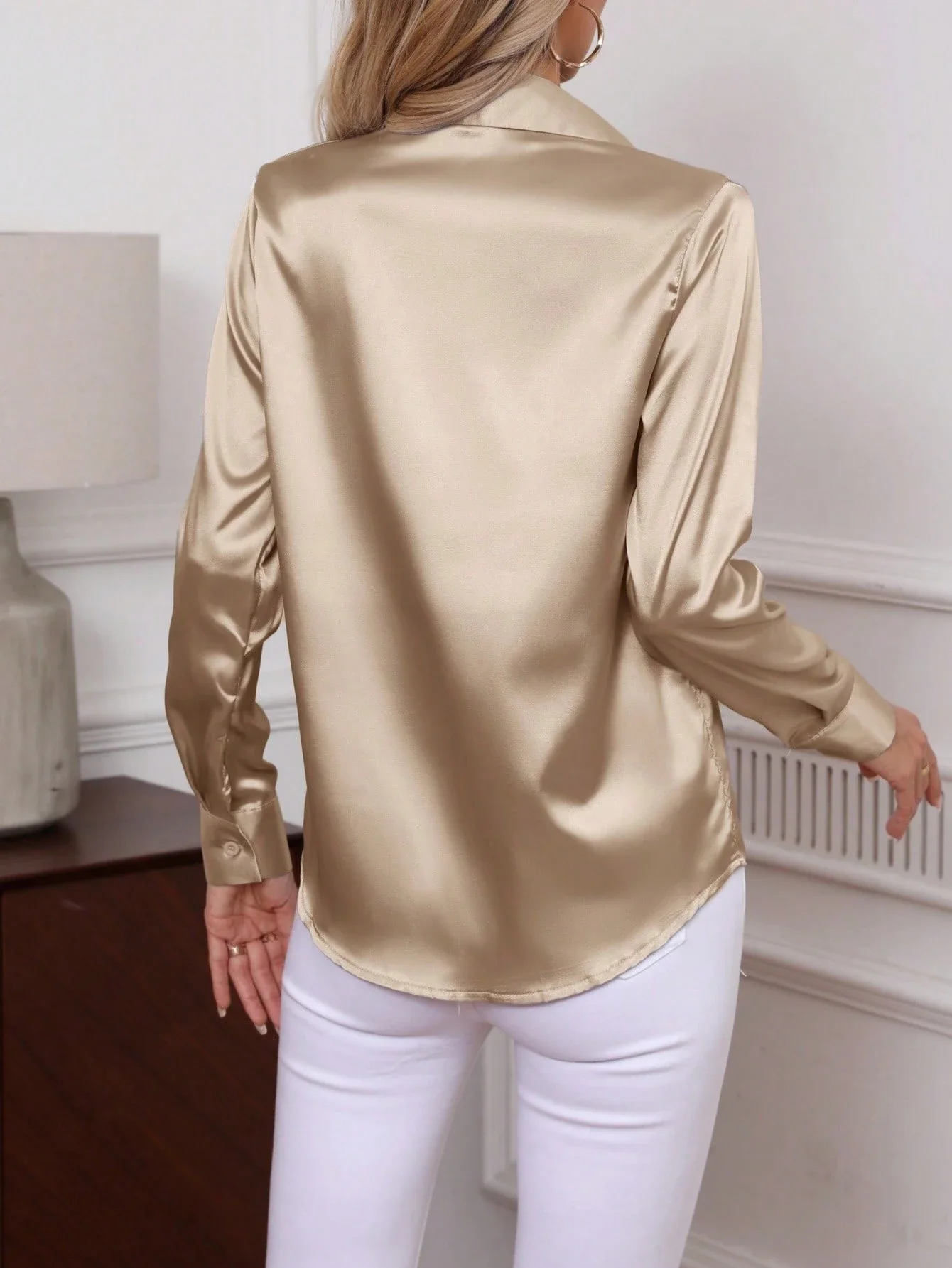 

Women Elegant Turn-Down Collar Button Front Faux Silk Satin Long Sleeve Blouse Solid Color