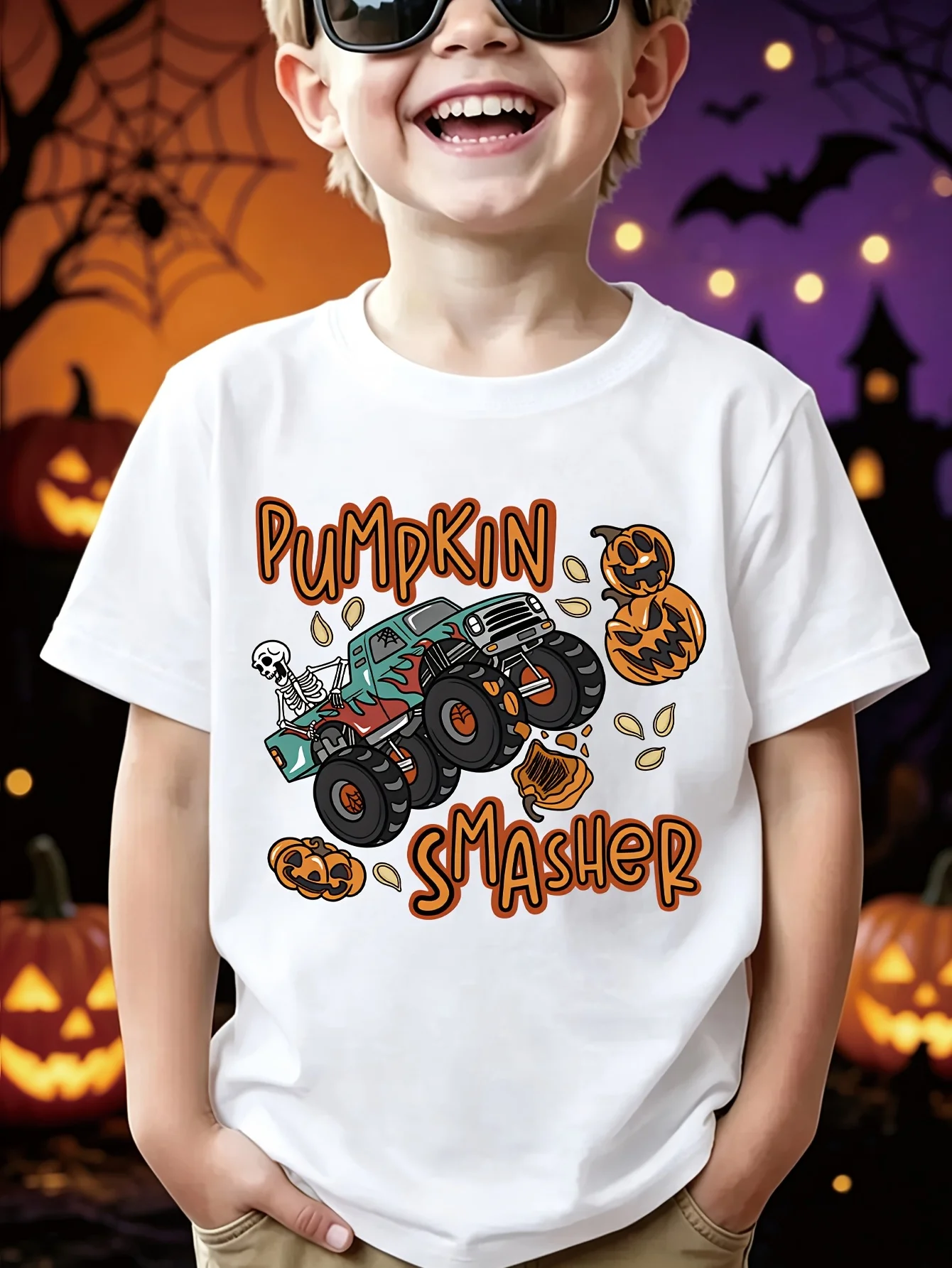 Kids Boys Girls Family Matching T Shirt Halloween Pumpkin Monster Truck Graphic Print Short Sleeve Crew Neck Soft Daily Tee