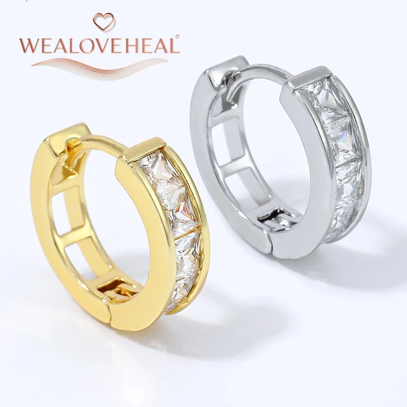 ohrringe, ohrringe damen, Klassische Prinzessinnen-Schliff CZ Huggie Creolen für Damen, 18K vergoldetes Messing, hohl, schlicht, elegant, vielseitiger Schmuck – Detail 16