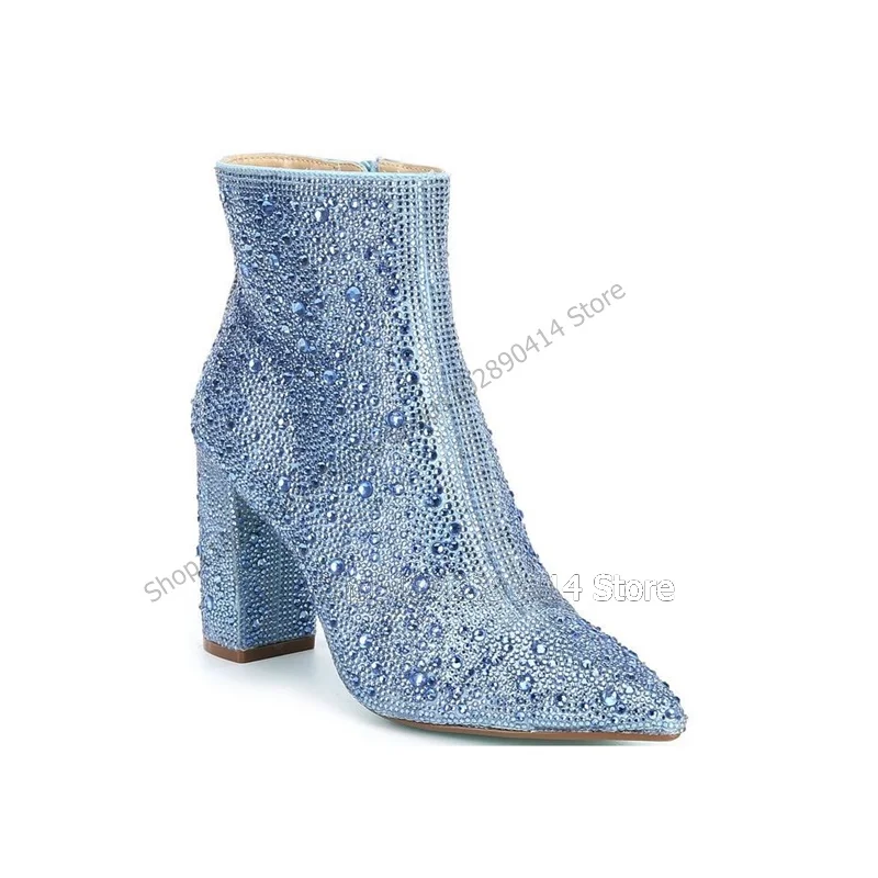 Multi Kleuren Crystal Decor Puntige Neus Enkellaarzen Zij Rits Vrouwen Schoenen Dikke Hoge Hakken Nieuwe Mode 2023 Zapatos Para Mujere