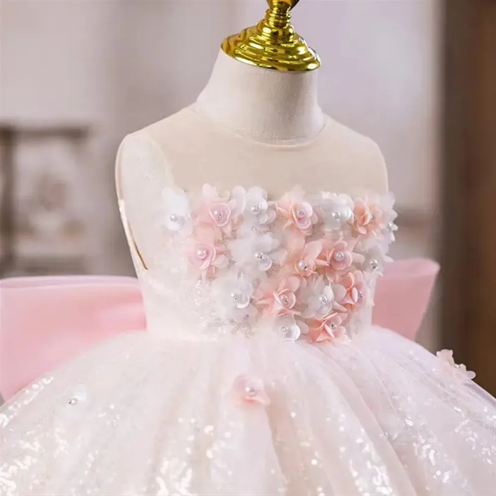 

Cute Pink Flower Girl Wedding Dress Appliques Flower Pearls with Big Bow Elegant Princess Baby Birthday Party Pageant Gown