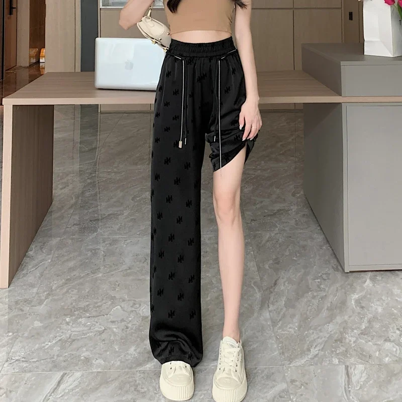 Silver Chain Rope M Letter Trendy Wide Leg Pants Women\'s New Flocking High Waist Drop Casual Straight Leg Pants