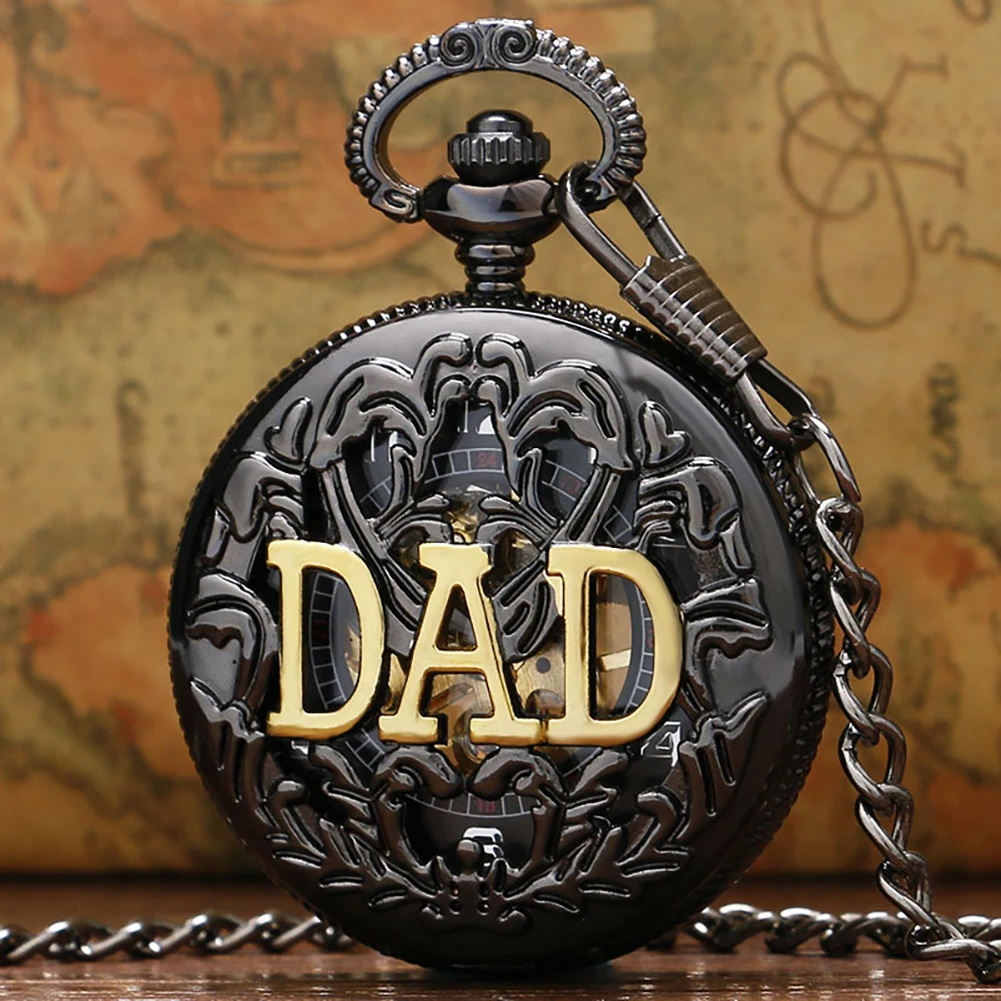 Black Hollow Golden DAD Mechanical Pocket Watch Fob Chain Arabic Numerals Dial Retro Birthday Thanksgiving Xmas Gift for Father