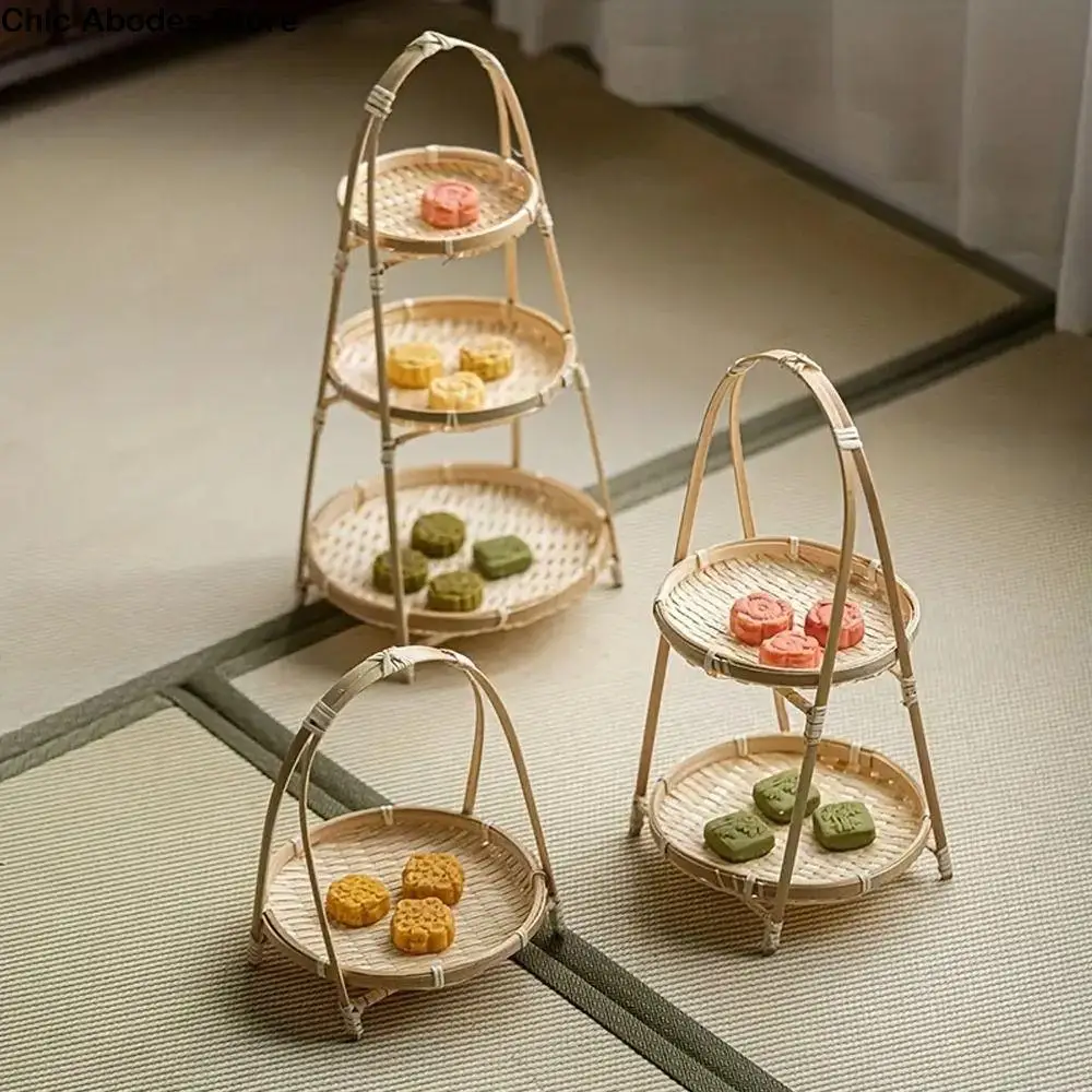 

Fruit Tray 1/2/3 Tier Bamboo Weaving Baskets Round Weave Snack Display Stand Elegant Handcrafted Storage Baskets Pastries