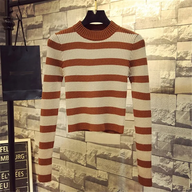 Neploe Autumn New Korean Women Sweater Half Turtleneck Slim Sueter Mujer Long Sleeve Striped Knitted Short Pullovers 68509