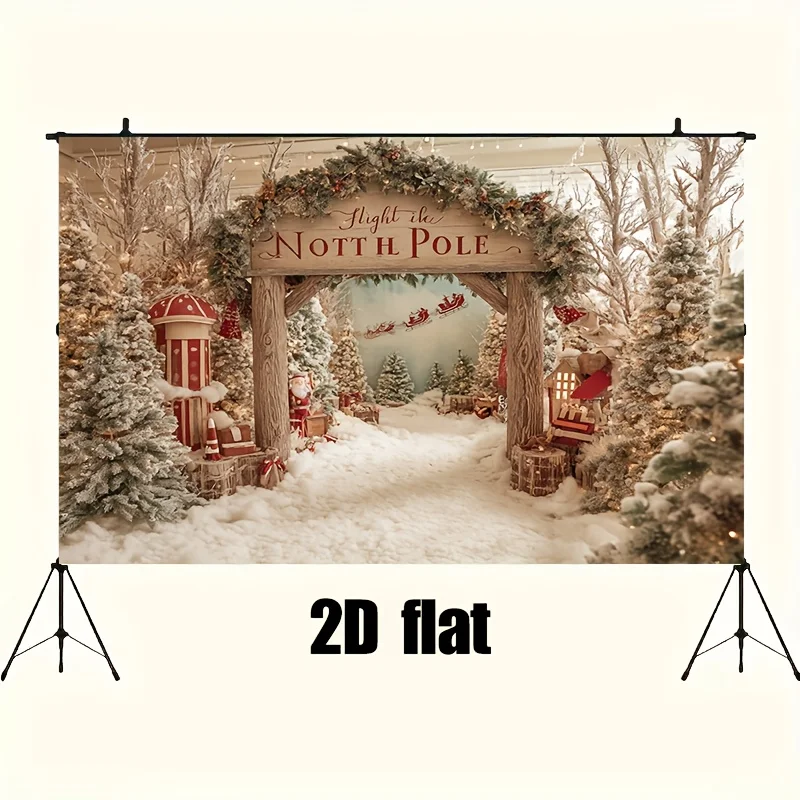 2D flat 1pc winter Wonderland Christmas Arctic Village scene polyester background fabric, Christmas decoration view 2