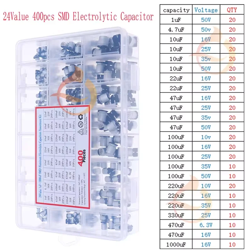 Jogo eletrolítico da variedade dos capacitores, 16V, 25V, 35V, 50V, 1uf, 2,2 uF, 3,3 uF, 4,7 uF, 10uF, 22uF, 33uF, 47uF, 100uF, 220uF, 330uF, 470uF, 1000uF