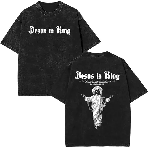 Jesús es rey Biblia religiosa cristiana Vintage camiseta lavada hombres mujeres algodón pantalón corto Casual manga corta Camiseta de gran tamaño ropa de calle