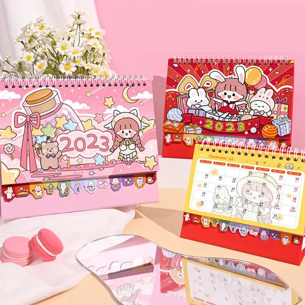 Mini Calendar Ornamental Delicate Pattern Cartoon Design Double Ring Page Turning with Cardboard Base Table Planner Exquisite Wo