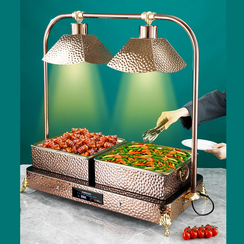 Restaurant Stainless Steel Rose Gold Buffet Chafing Dish with Heating Lamp Electric Food Warmer Light