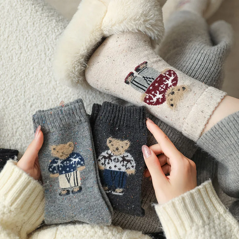 Cartoon Animal Cute Bear Middle Tube Socks Winter Autumn Warm Solid Knitted Socks Korean Color Collision Women Girl Cotton Socks