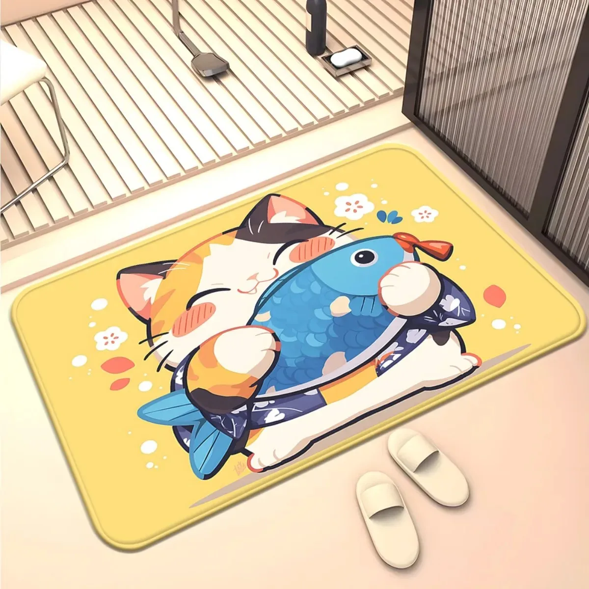 Cute Cat Holding Fish Doormat Flannel Non-Slip Absorbent Microfiber Rug for Home Entryway