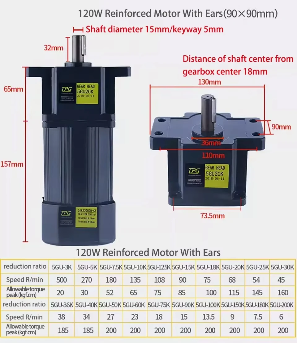 110V 120W Reinforced AC Gear Motor With Ear 5IK120RGU-AF With Speed Regulator High Torque Asynchronous Motor Shaft Diameter 15mm