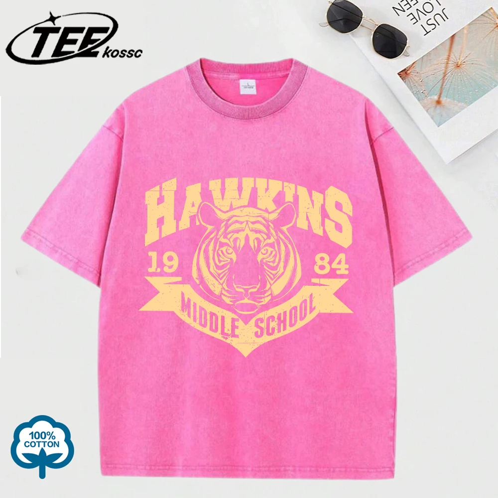 Hawkins 1984 Mittelschul-Drucke, gewaschene Herren-T-Shirts, Sport, lässig, T-Shirt, Sommer, Basics, modische Kleidung, Baumwolle, Unisex, lockeres Oberteil
