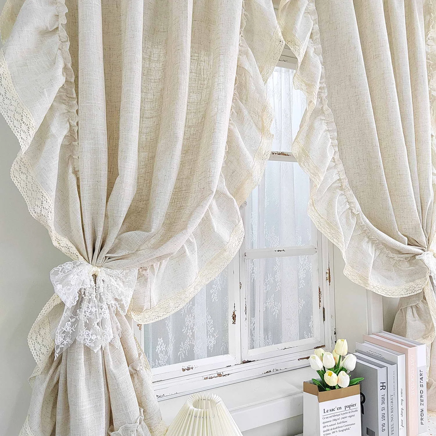 1PC Vintage Ruffle Solid Curtain for Living Room Semi-Shading Window Drape With Lace Study Balcony Hotel Home Decoration