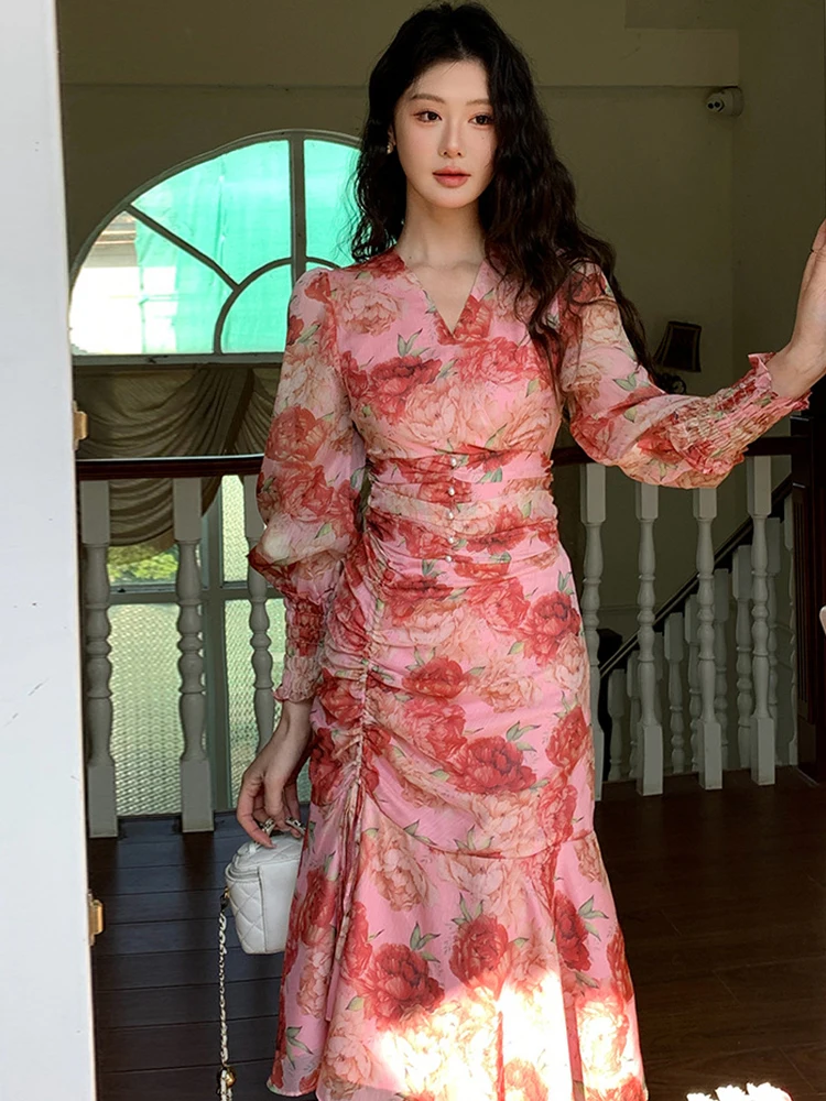 Ropa de mujer de gasa dulce estampado Floral Puff manga cordón ajustado Midi Vestido de cola de pez elegante Vestido de fiesta Casual otoño nuevo