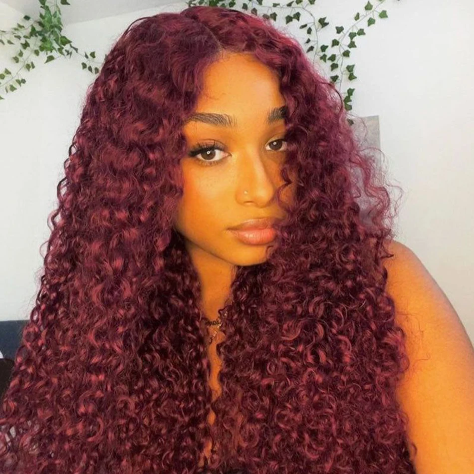 

13x4 13x6 HD Transparent Lace Front Human Hair Wigs Frontal Curly Wigs 100% Natural Brazilian Burgundy Deep Wave Hair For Women