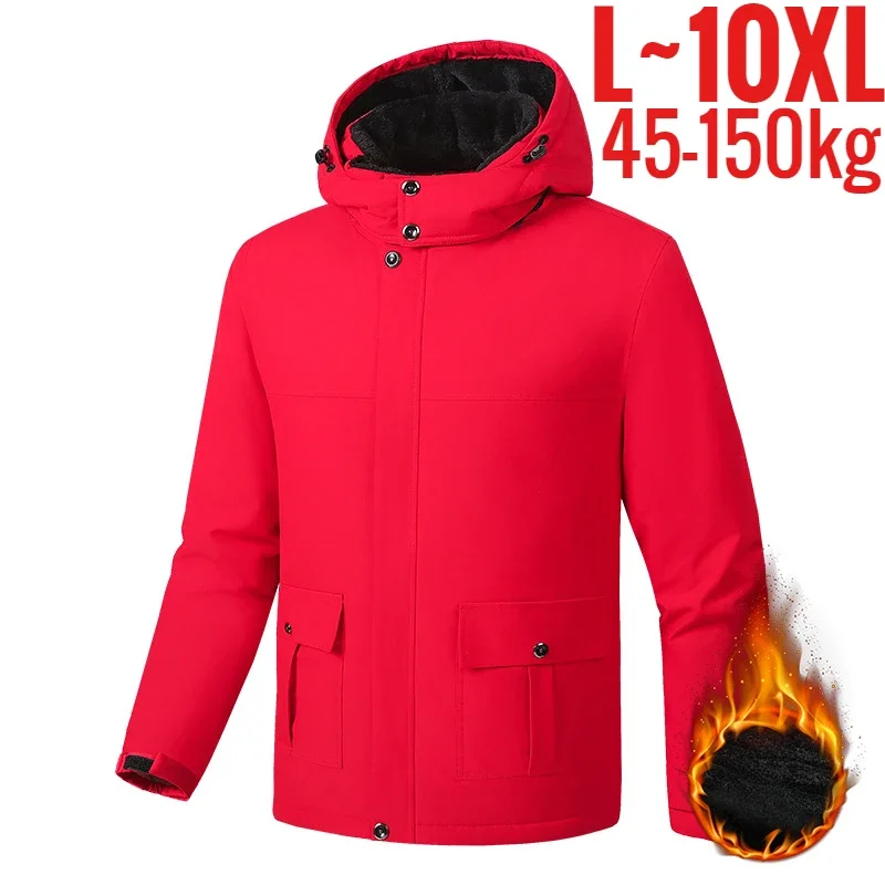 Big Size Winter Jacket Men Hooded Zip Up Padding Male Waterproof Padded Coat Fur Fleece-lined Warm Thick Windbreaker Plus 10XL