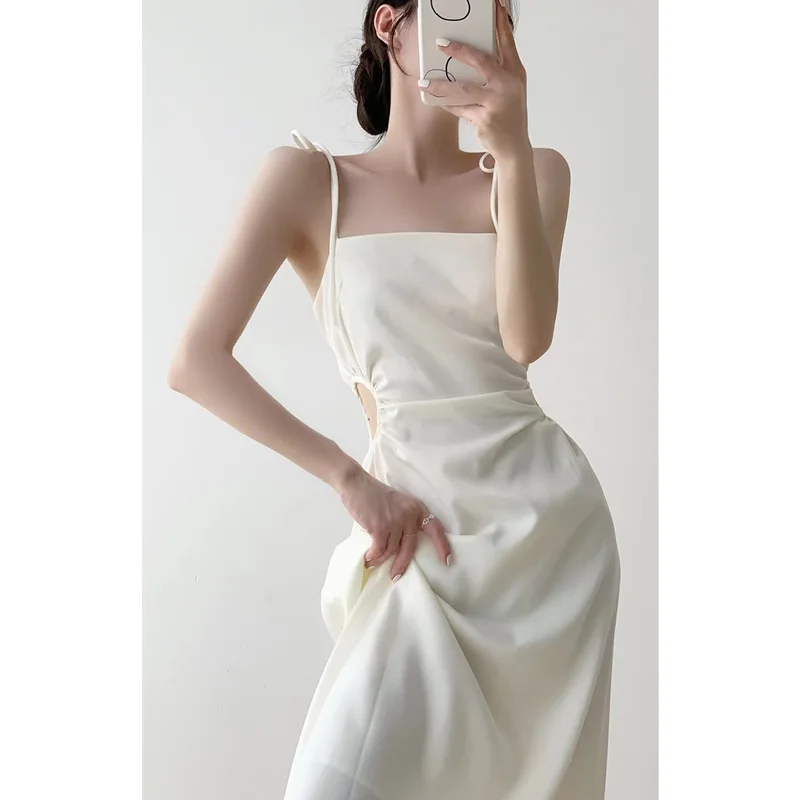 Women's Clothing Suspended Dress French Satin White Slim Sexy Open Waist Long Skirt Design Feel Hollow Lace Up Temperament Dress