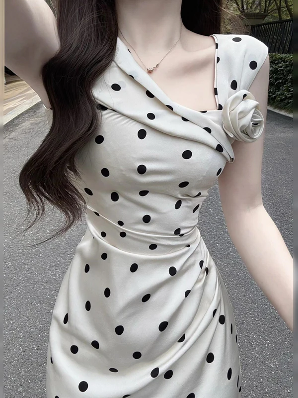 

Polka Dot ter Ne White Dr Women Summer New Hepburn Sle Beach Vaion Waist Cinched Long Skirt Sexy High Waist Poly...