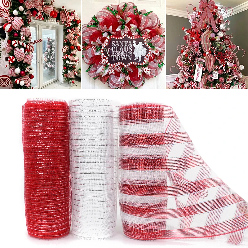 10yard Red White Christmas Mesh Tulle Roll Xmas Tree Ribbon DIY Bow Wreath Festive Gift Wrapping Christmas Navidad