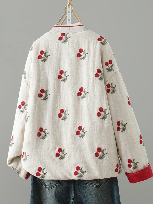Cappotto in cotone di lino con maniche lunghe da donna Jaet in cotone ricamato su entrambi i lati Cappotto lungo con colletto alla coreana cinese