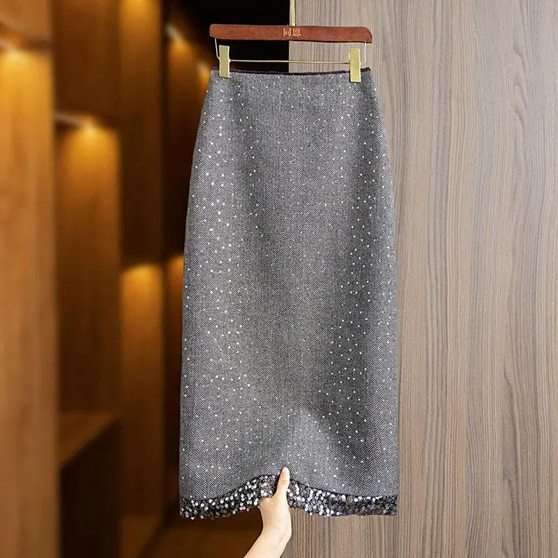 Spring And Autumn Split Hem Sequined Gray Midi Skirt Faldas Largas Fashion Casual A Line High Jupe Harajuku Юбка