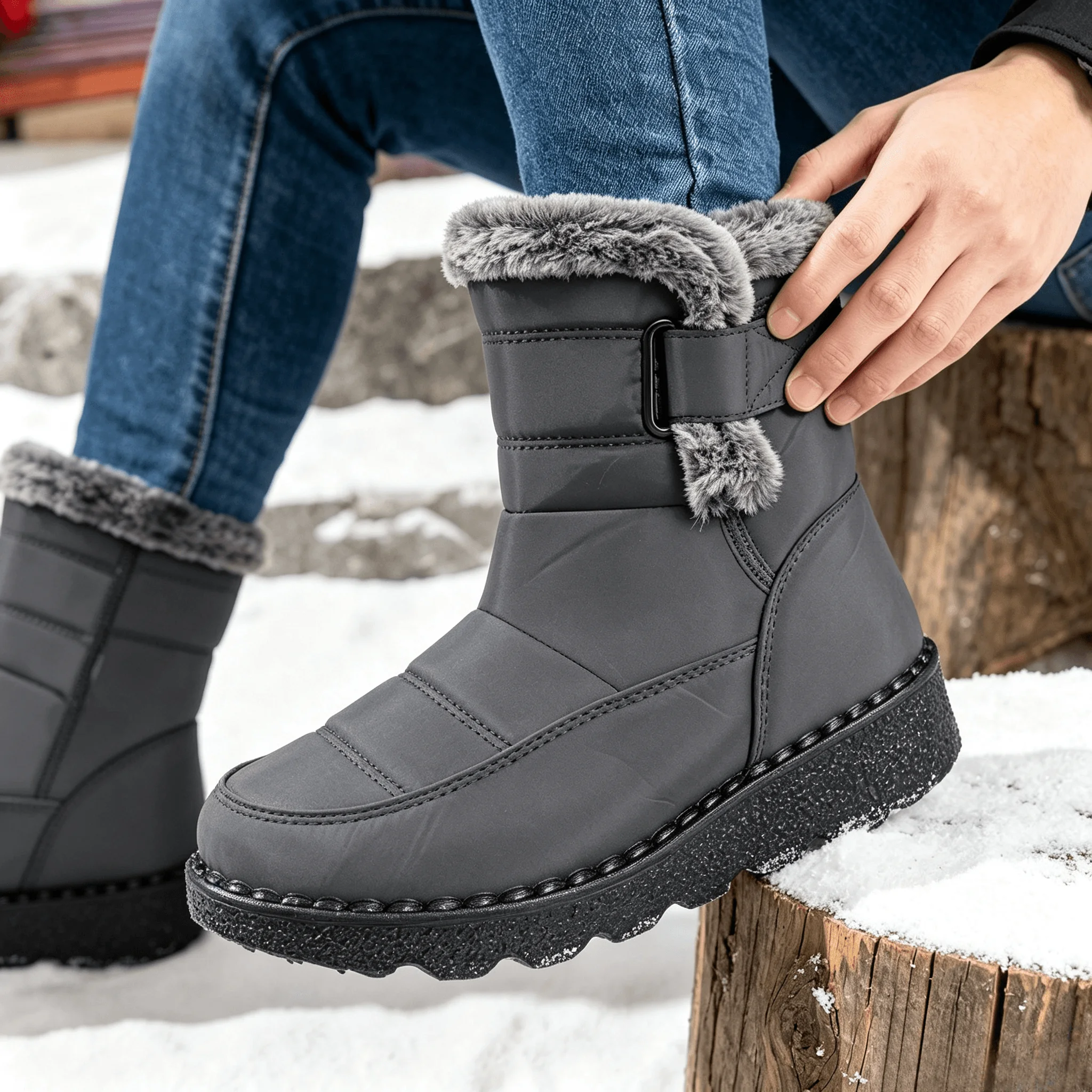 Damen Winter Pelzige Plateau-Schneestiefel 2026 Trend Wadenlange Winterstiefel Wasserdicht Rutschfest mit Schnalle Warm Flauschig Outdoor – Detail 11