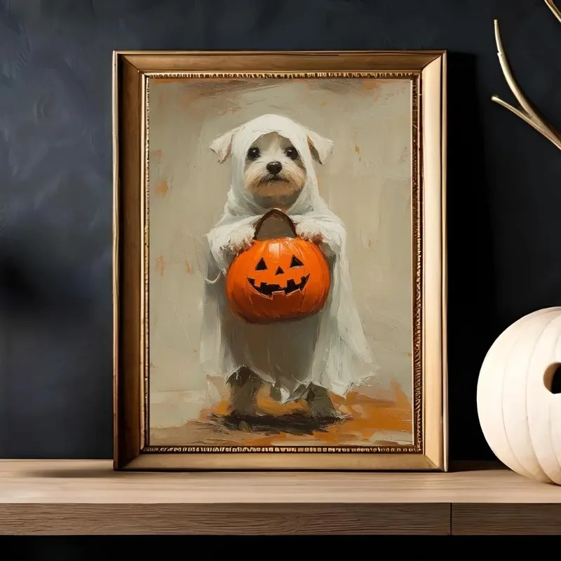 Vintage Painting Cute Ghost Dog Holding Pumpkin Bucket Halloween Canvas Poster Prints Frameless Wall Art Cozy Rustic Warm Decor