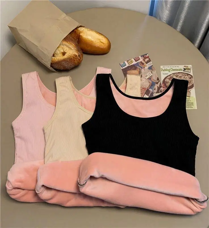 Camiseta térmica de invierno para mujer, sin costuras, con forro de terciopelo, sin mangas, chaleco cálido, camiseta interior para mujer, de color liso, lencería sexy.
