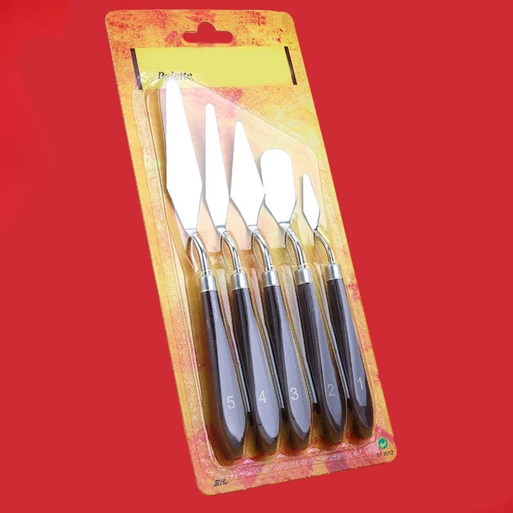 

5PCS Wooden Handle Paint Mixing Spatula Metal Working Head Smooth Polished Body Pigment Blending Tool