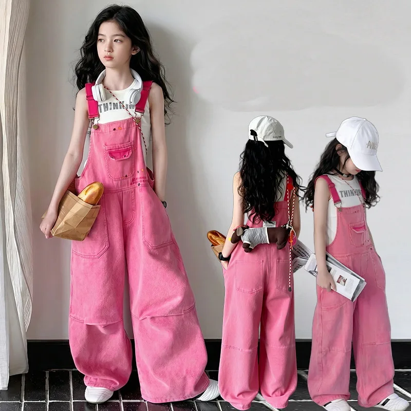 Elegant Kids Pink Denim Dungarees Bib Jeans for Teens Girl Casual Suspender Jumpsuit Child Fashion Pants Overalls Trousers