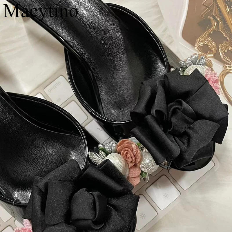 2024 Summer Rose Flowers High Heel Patent Leather Sandals Plus Peep Spout Women  Slippers Big Size