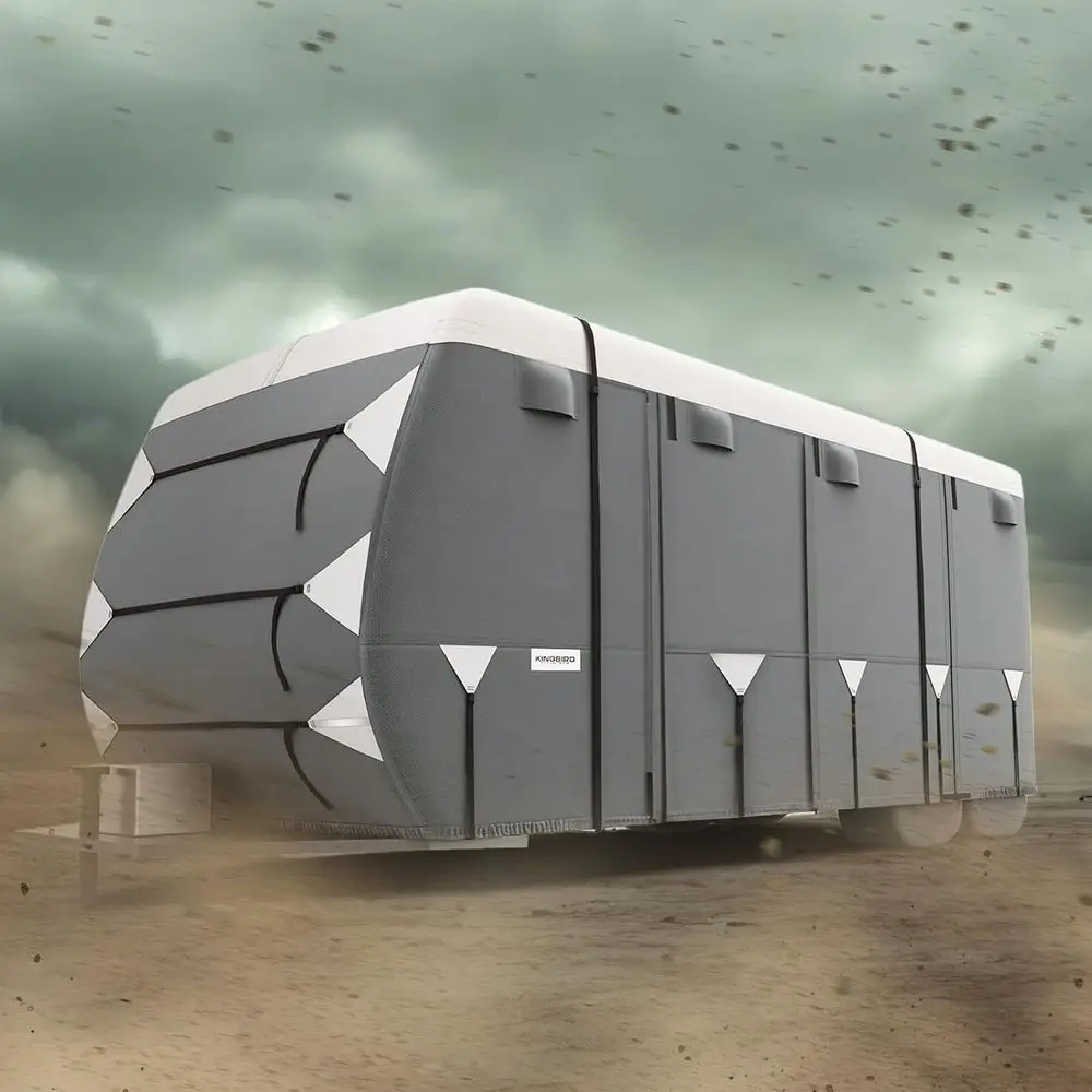 

Сверхмощный 7-слойный чехол для защиты от снега на колесах, подходит для туристических прицепов длиной 24–27 футов, с клейкими ремонтними заплатками, ветрозащитным ремешком