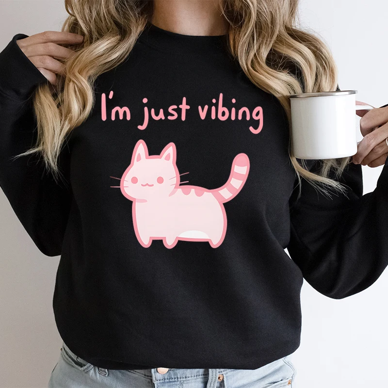 I'm Just Vibing Cartoon Cute Kitten Design Fall Long Sweatshirts Cute Gift for Cat Lover Sweater Cat Mom Cartoon Classic Hoodies