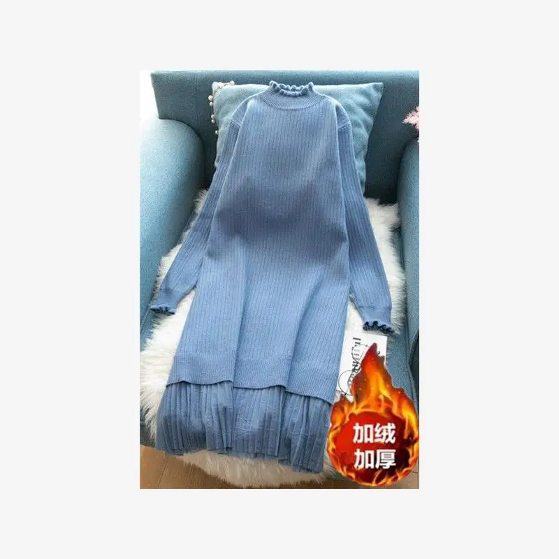 

Women's Fleece Lined Thickened Mid-Length Knitted Dress Undercoat Sweater Fashionable Base Layer Winter New Arrival