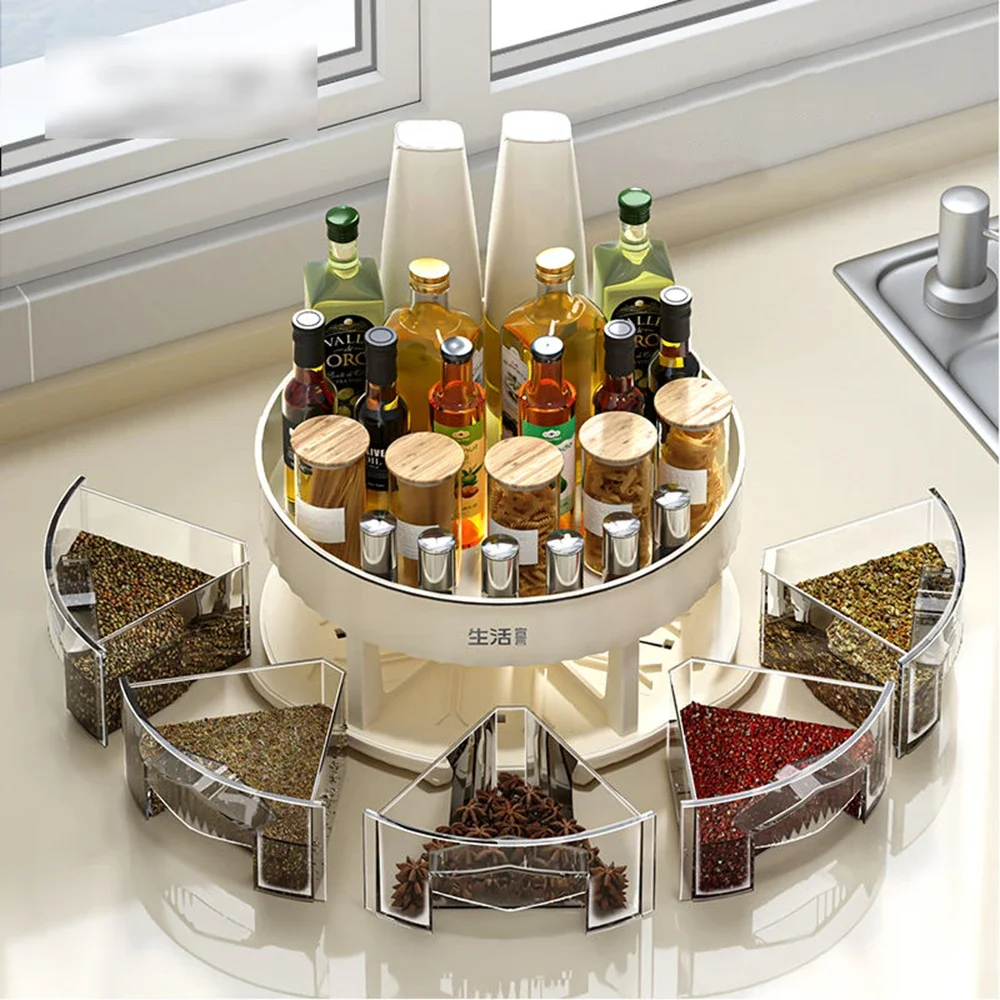 

Large-capacity Kitchen Storage Rack Double-layer Rotating Spice Rack 360-degree Divided Spice Rotating Storage Two-layer