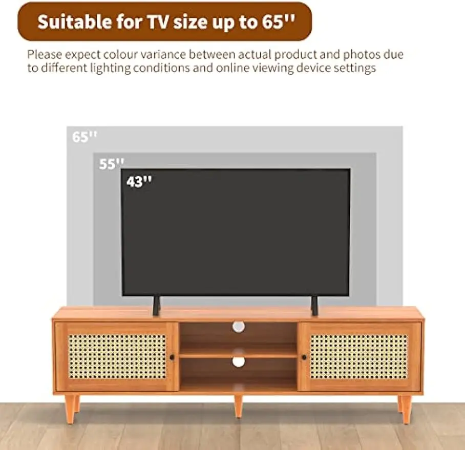 Rattan TV Stand for 65 inch TV, Farmhouse Rattan Entertainment Center with Storage and Open Shelves, Mid Century Modern