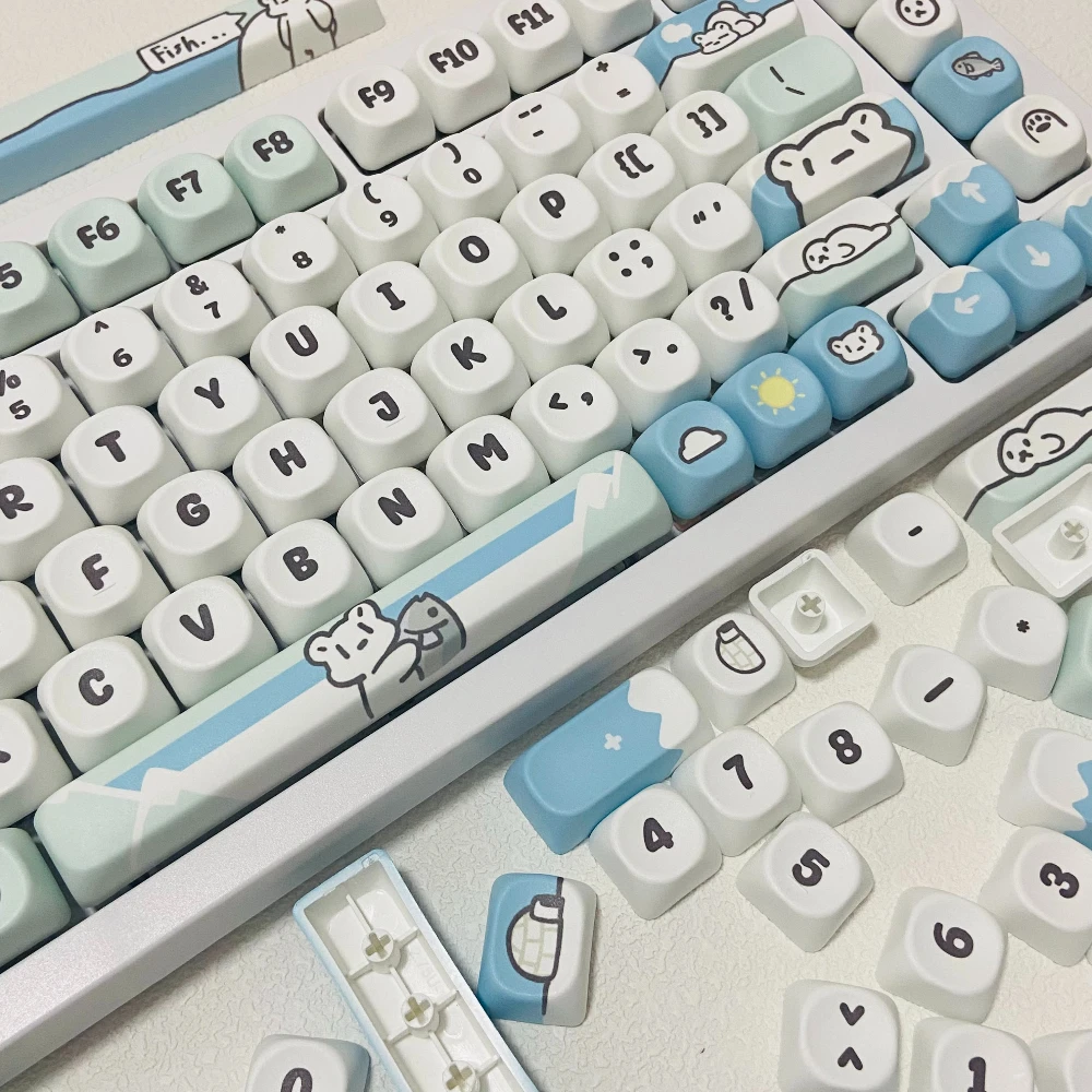 

Колпачки для клавиш Blue Glacier Bear PBT MOA Profile, индивидуальный набор колпачков для ключей для офиса, игровая механическая клавиатура, милый колпачок для клавиш