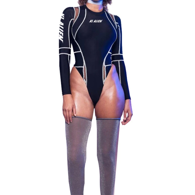 

2025 New Women's Full Sleeve Turtleneck Bodysuits Mesh Patchwork Letter Print Biker Fashion Female Workout Street Casual Rompers