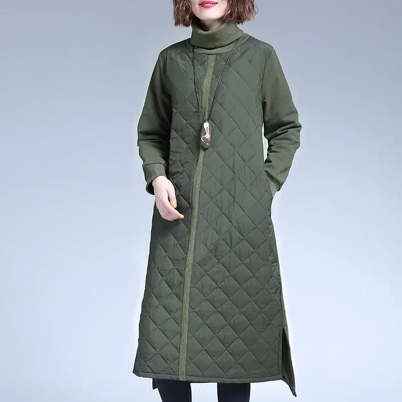 Parka vintage de gola alta feminina, jaquetas femininas, manga longa solta casual, jaqueta X-Long Overszied, parkas de algodão, roupas de inverno