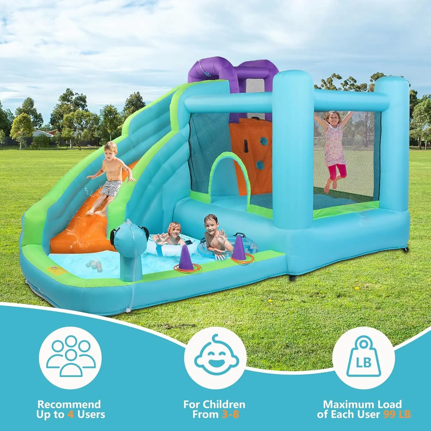 Jump Bounce House with 350W Air Blower, Inflatable Water Slide Combo | Outdoor Bouncy Castle for Backyard, Lawn or Park, Include view 6