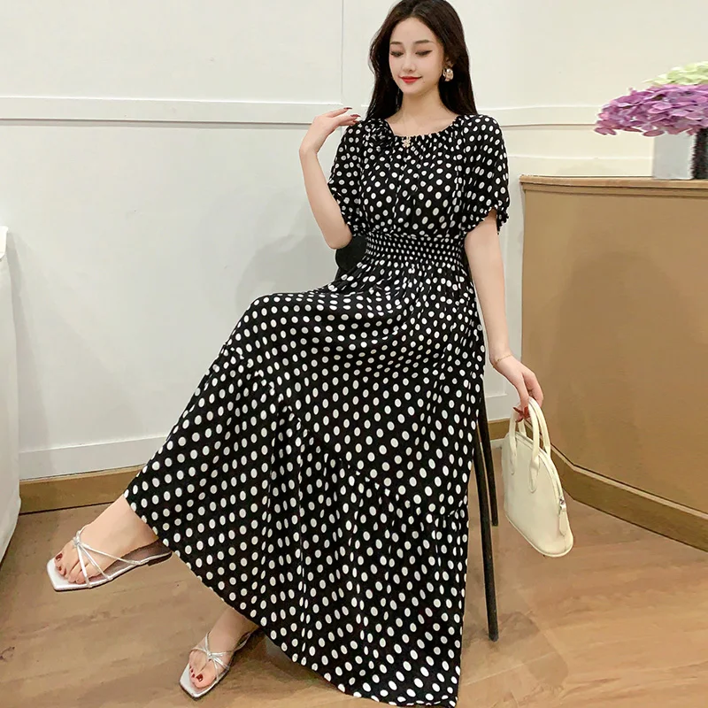 Abito lungo da spiaggia Boho in cotone estivo Abito lungo leopardato a pois con applicazioni di fiori alla moda