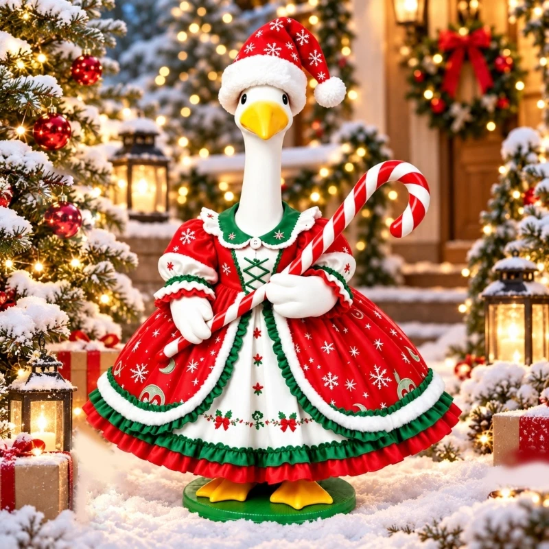 X37E Holiday Porch Geese Statue Outfit, Fabric Dress with Front Tie Detail and Matching Hat for Christmas Porch, Garden, and