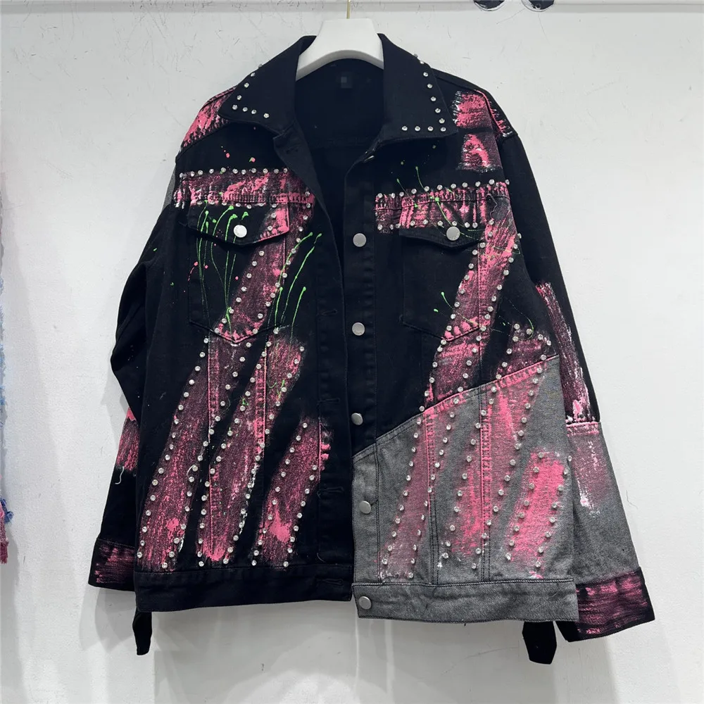 

Korean hand-painted denim jacket for women hip-hop spring autumn new fashion bf American style jacket Y4855